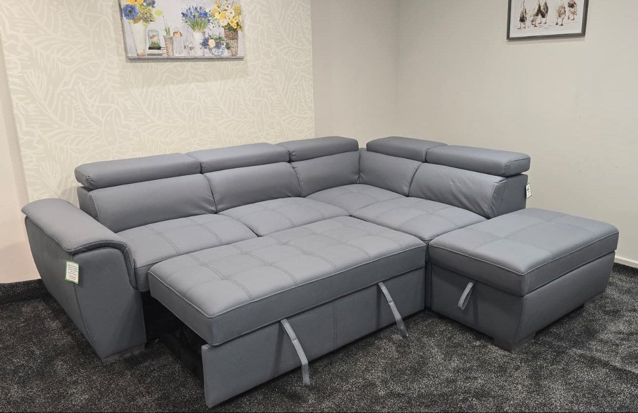 SOFA BED Sophia Grey Fabric RHF Corner Sofa Bed With Storage Footstool