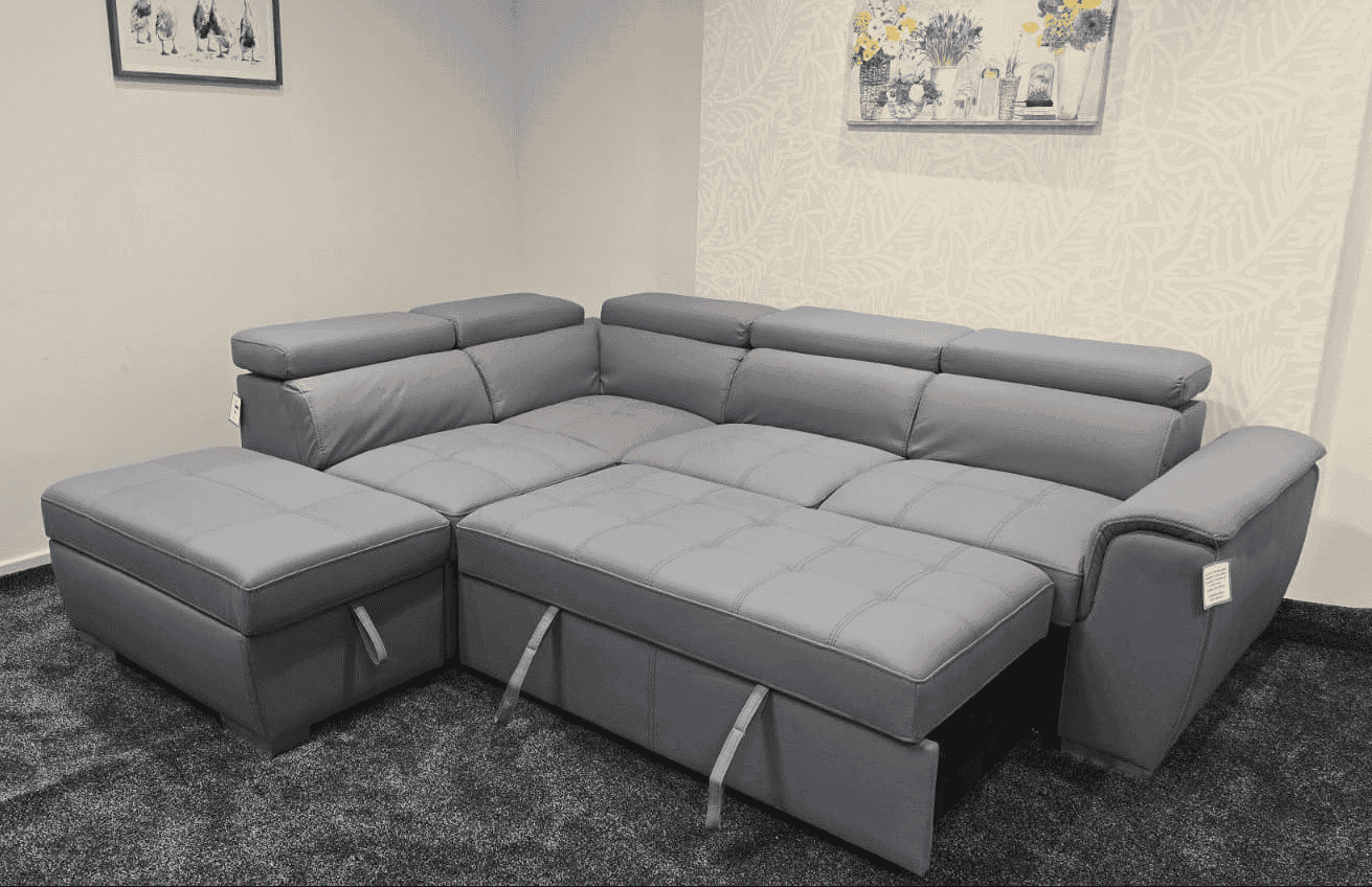 SOFA BED Sophia Grey Fabric LHF Corner Sofa Bed With Storage Footstool