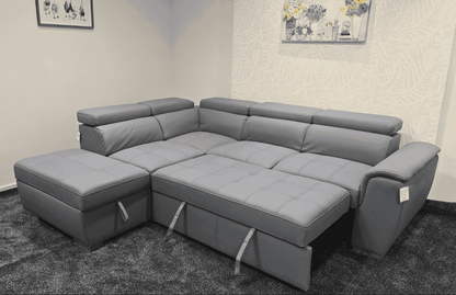 SOFA BED Sophia Grey Fabric LHF Corner Sofa Bed With Storage Footstool