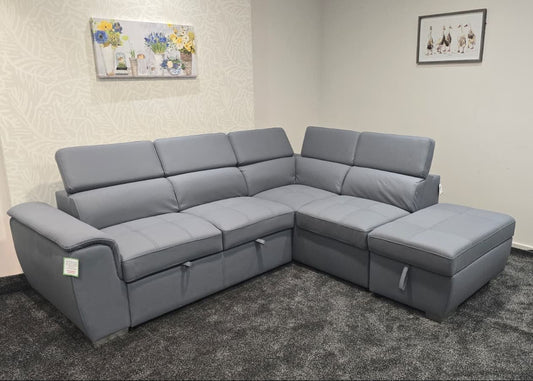 SOFA BED Sophia Grey Fabric RHF Corner Sofa Bed With Storage Footstool