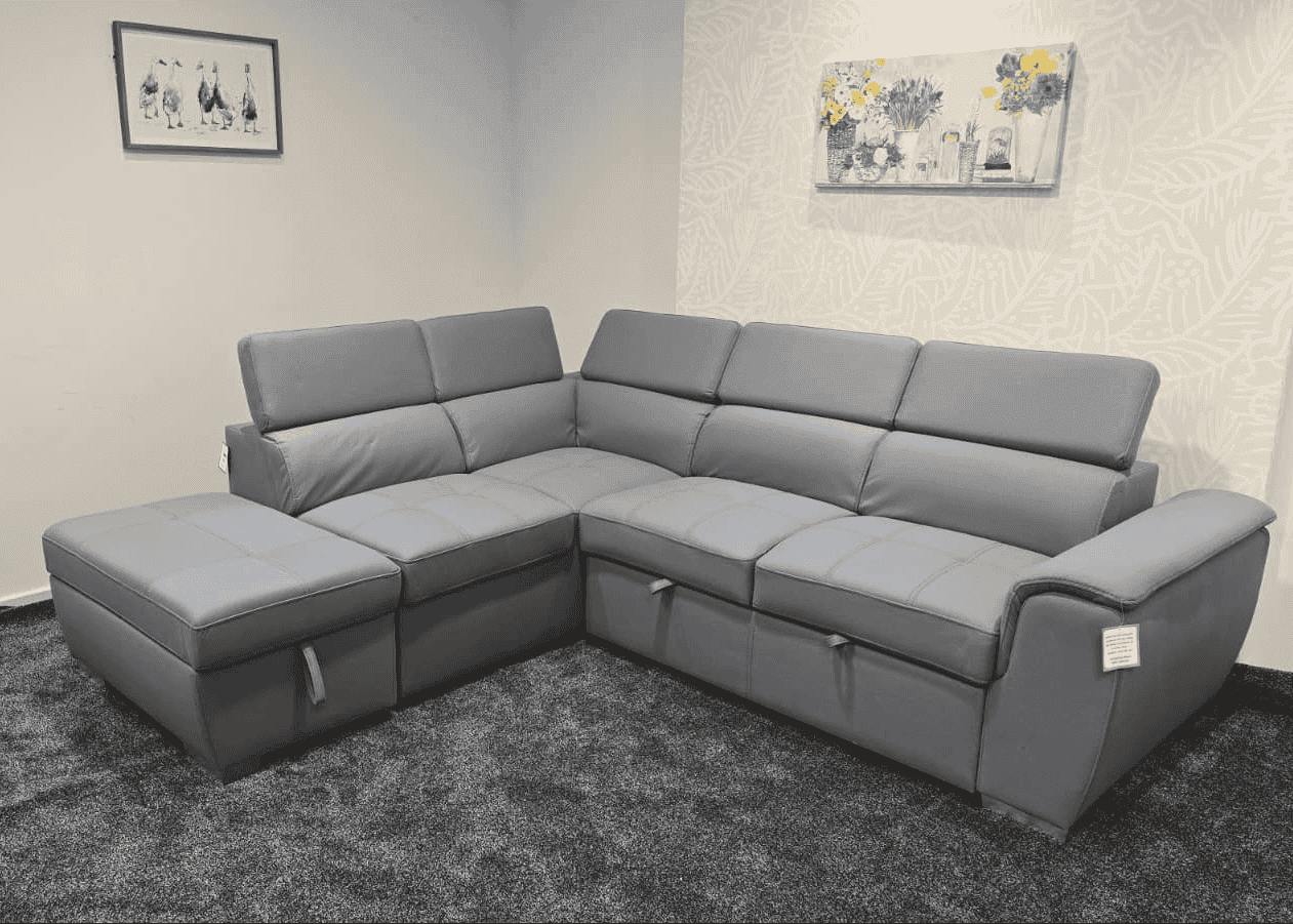 SOFA BED Sophia Grey Fabric LHF Corner Sofa Bed With Storage Footstool