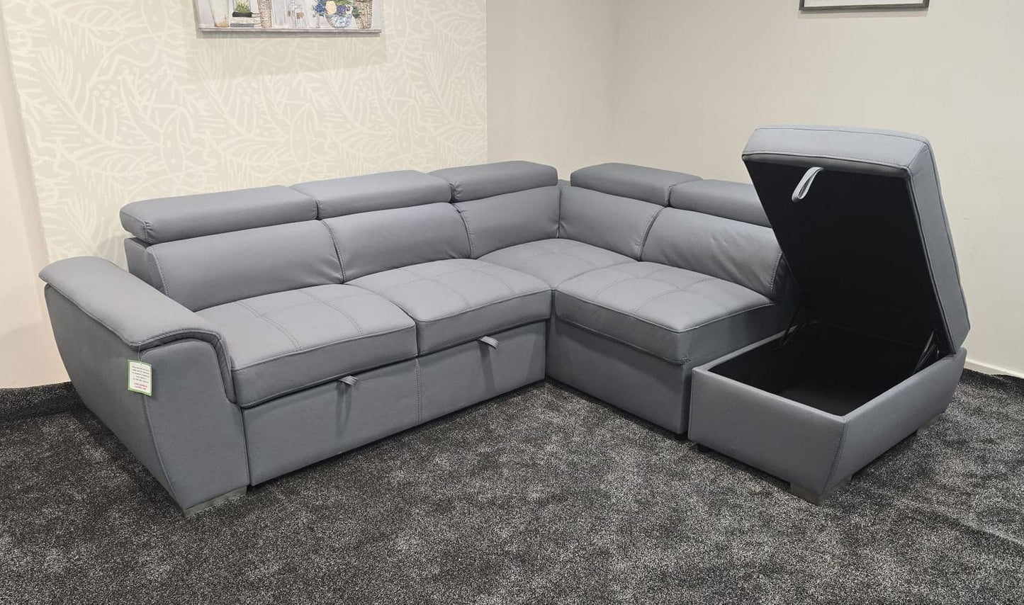 SOFA BED Sophia Grey Fabric RHF Corner Sofa Bed With Storage Footstool