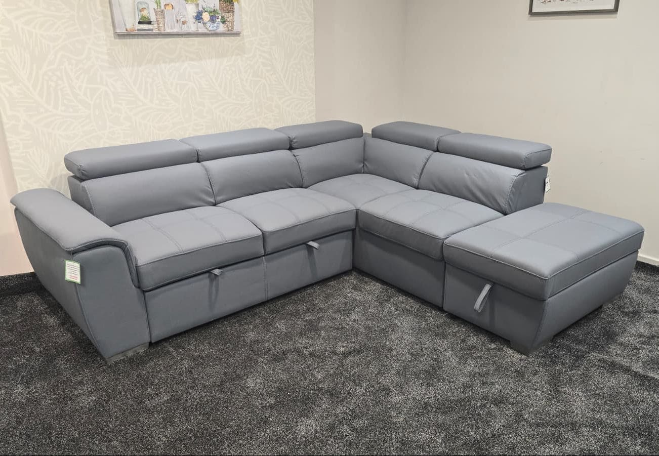 SOFA BED Sophia Grey Fabric RHF Corner Sofa Bed With Storage Footstool