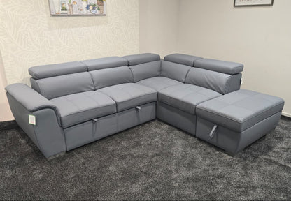 SOFA BED Sophia Grey Fabric RHF Corner Sofa Bed With Storage Footstool