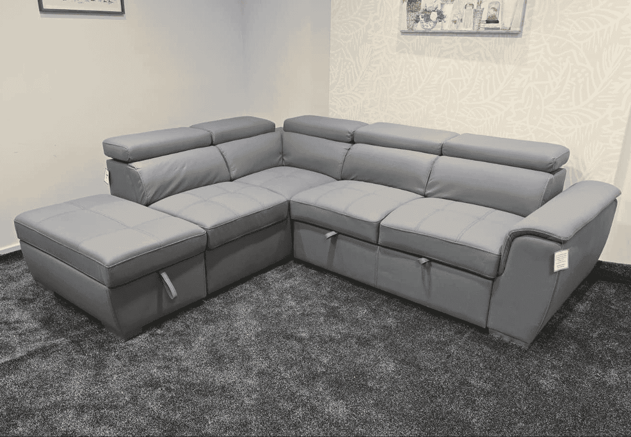 SOFA BED Sophia Grey Fabric LHF Corner Sofa Bed With Storage Footstool