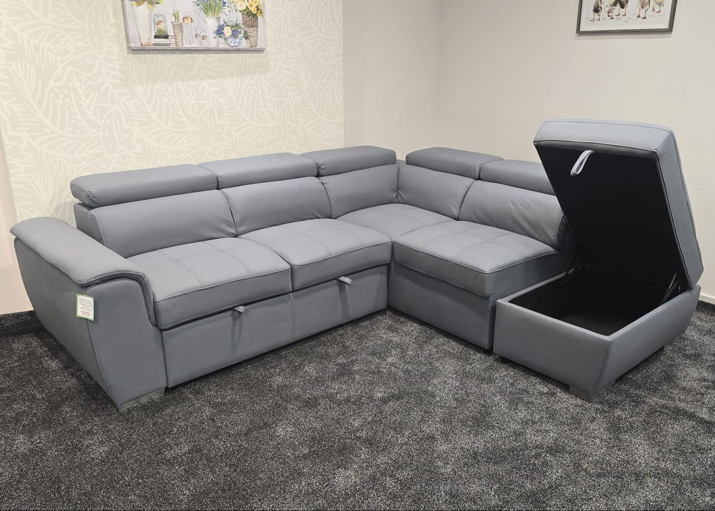 SOFA BED Sophia Grey Fabric RHF Corner Sofa Bed With Storage Footstool