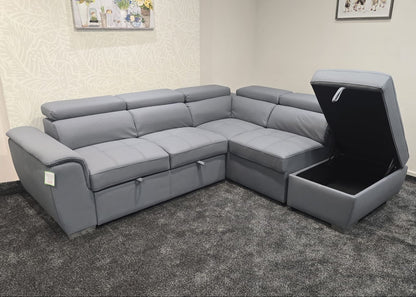 SOFA BED Sophia Grey Fabric RHF Corner Sofa Bed With Storage Footstool