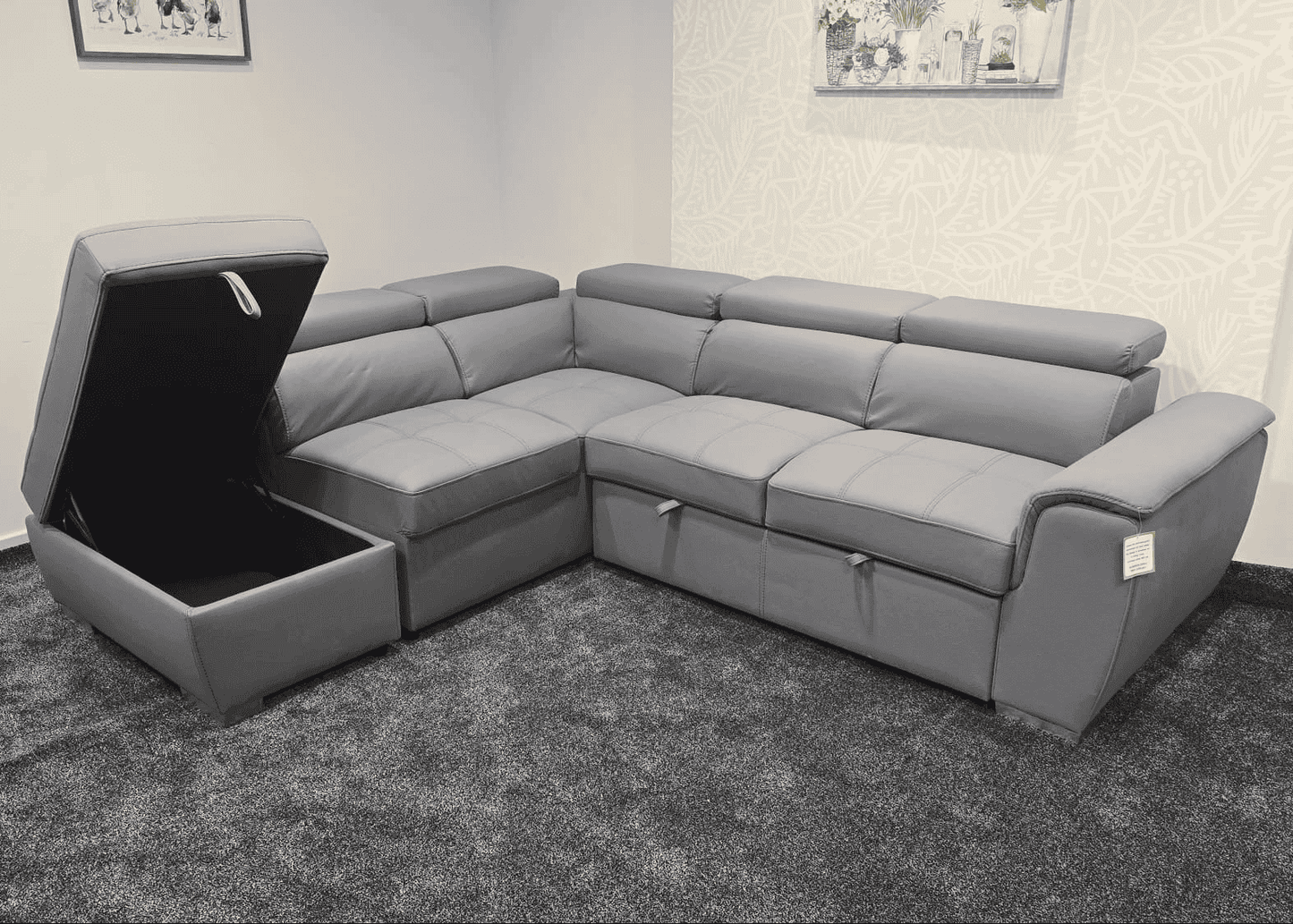 SOFA BED Sophia Grey Fabric LHF Corner Sofa Bed With Storage Footstool