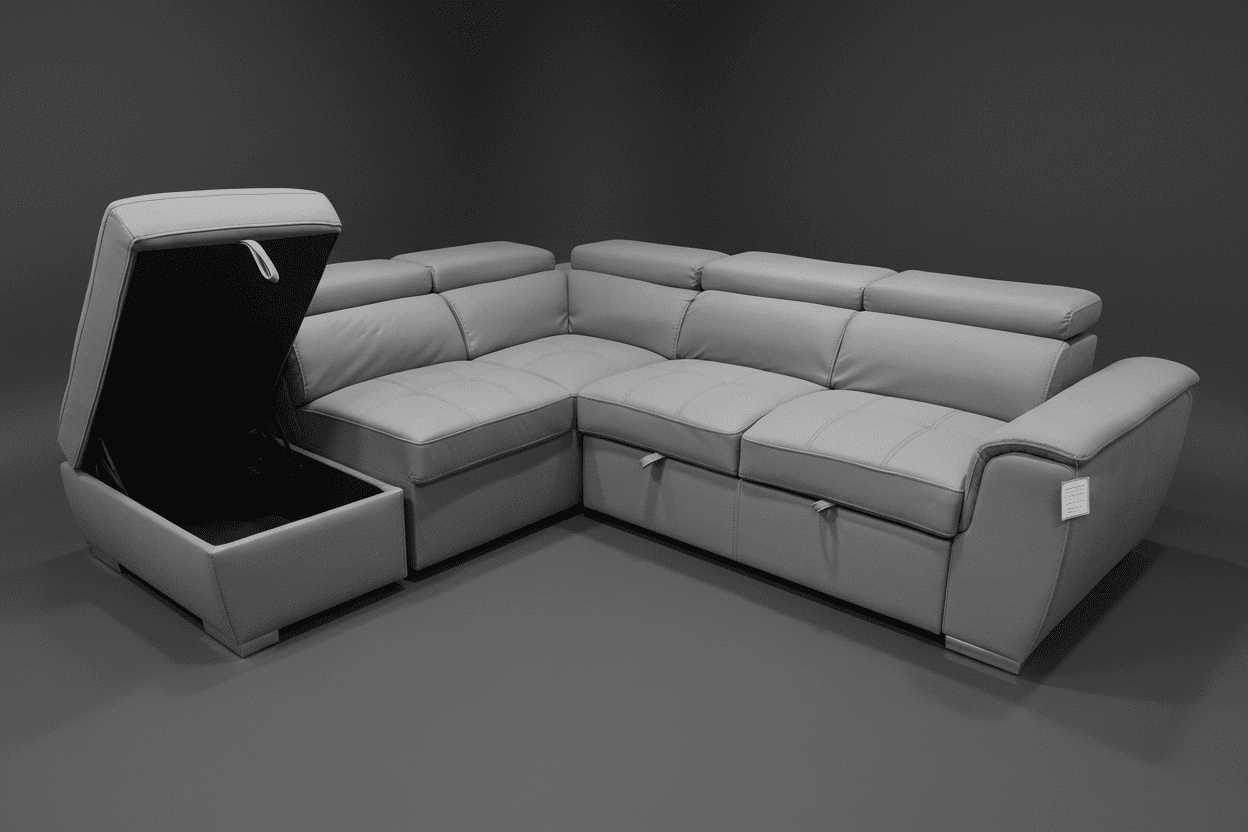 SOFA BED Sophia Grey Fabric LHF Corner Sofa Bed With Storage Footstool & Adjustable Headrests