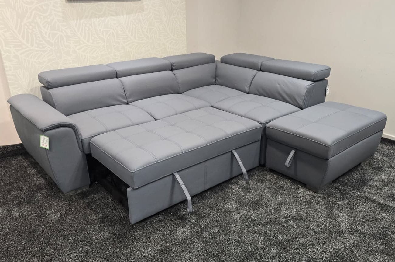 SOFA BED Sophia Grey Fabric RHF Corner Sofa Bed With Storage Footstool