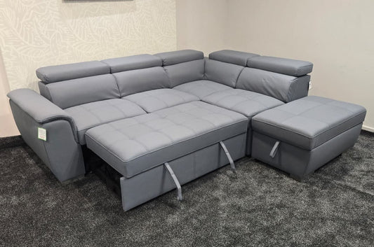 SOFA BED Sophia Grey Fabric RHF Corner Sofa Bed With Storage Footstool
