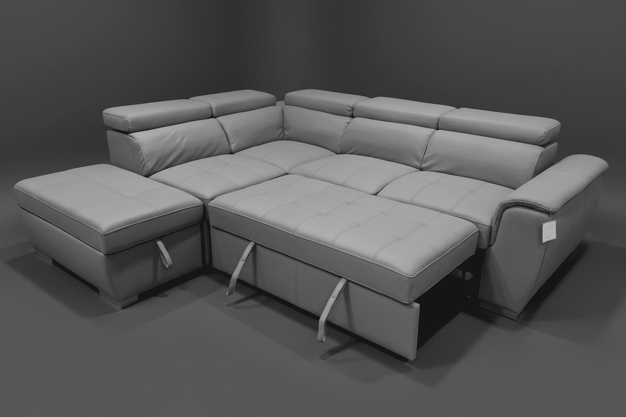 SOFA BED Sophia Grey Fabric LHF Corner Sofa Bed With Storage Footstool & Adjustable Headrests