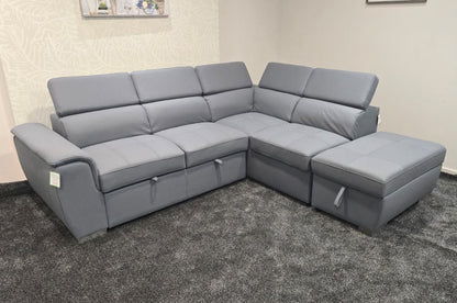 SOFA BED Sophia Grey Fabric RHF Corner Sofa Bed With Storage Footstool