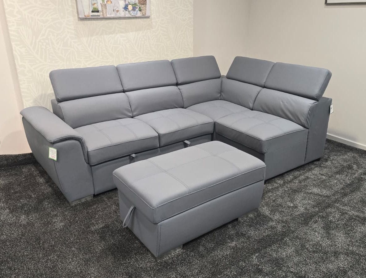 SOFA BED Sophia Grey Fabric RHF Corner Sofa Bed With Storage Footstool