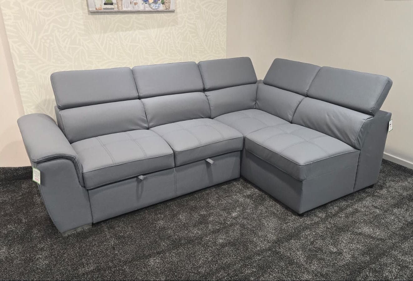SOFA BED Sophia Grey Fabric RHF Corner Sofa Bed With Storage Footstool
