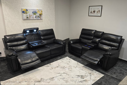 Donald Black Leather Electric / Power Reclining Sofa Range Suite Set With USB Charging Ports & Drop Down Tray Table