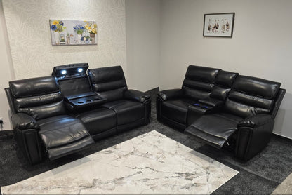 Donald Black Leather Electric / Power Reclining Sofa Range Suite Set With USB Charging Ports & Drop Down Tray Table
