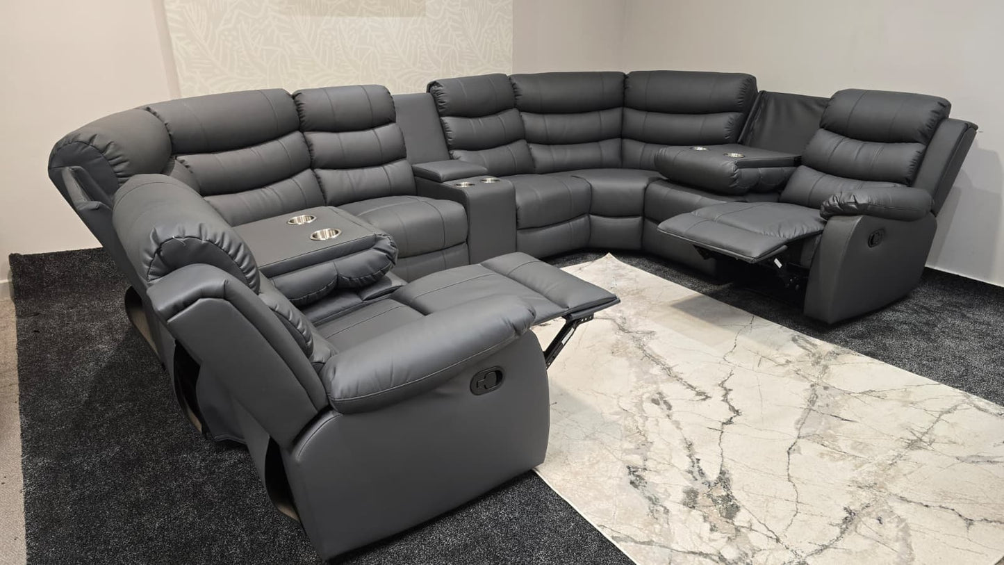 Lando Grey U Shape Corner Sofa With Drinks console & Fold down Tray Tables