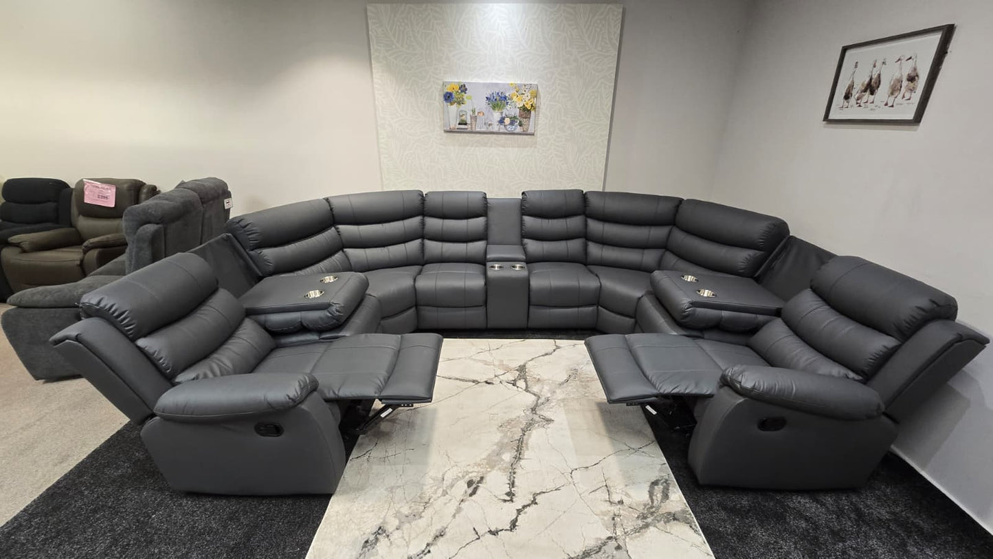 Lando Grey U Shape Corner Sofa With Drinks console & Fold down Tray Tables