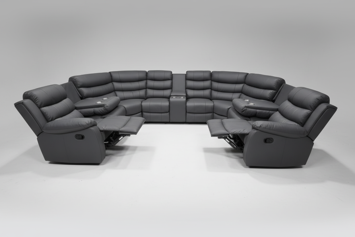 Lando Grey U Shape Corner Sofa With Drinks console & Fold down Tray Tables