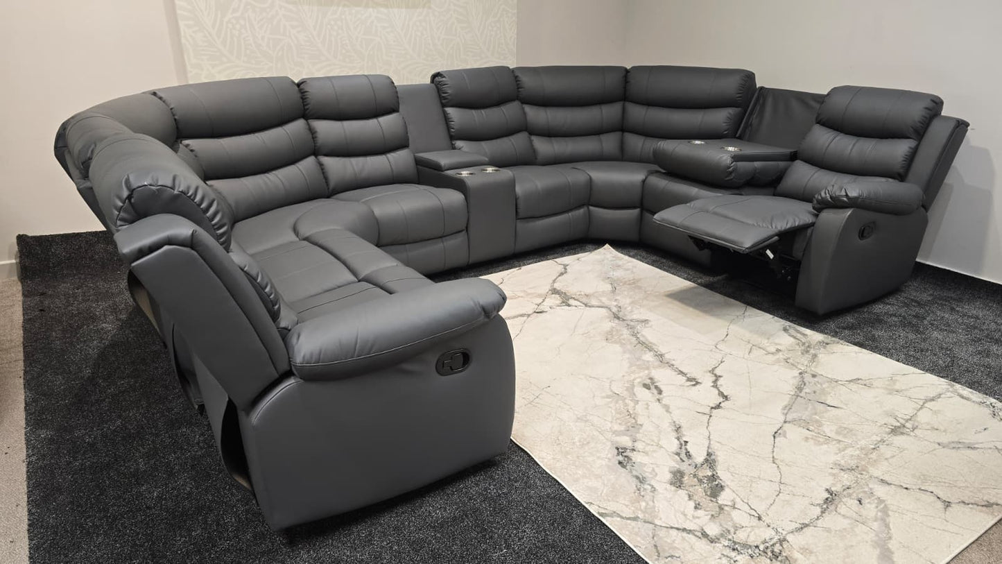 Lando Grey U Shape Corner Sofa With Drinks console & Fold down Tray Tables