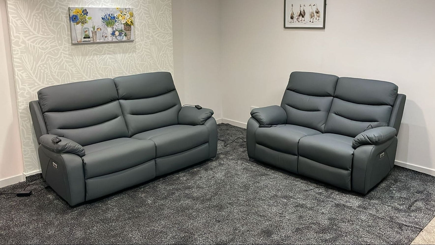 "Bertie" Grey Leather Electric Reclining Massage 3 Seater + 2 Seater Sofa Set With Power Headrests & USB Charging Ports For Ultimate Comfort