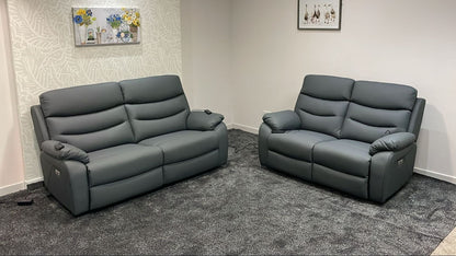 "Bertie" Grey Leather Electric Reclining Massage 3 Seater + 2 Seater Sofa Set With Power Headrests & USB Charging Ports For Ultimate Comfort