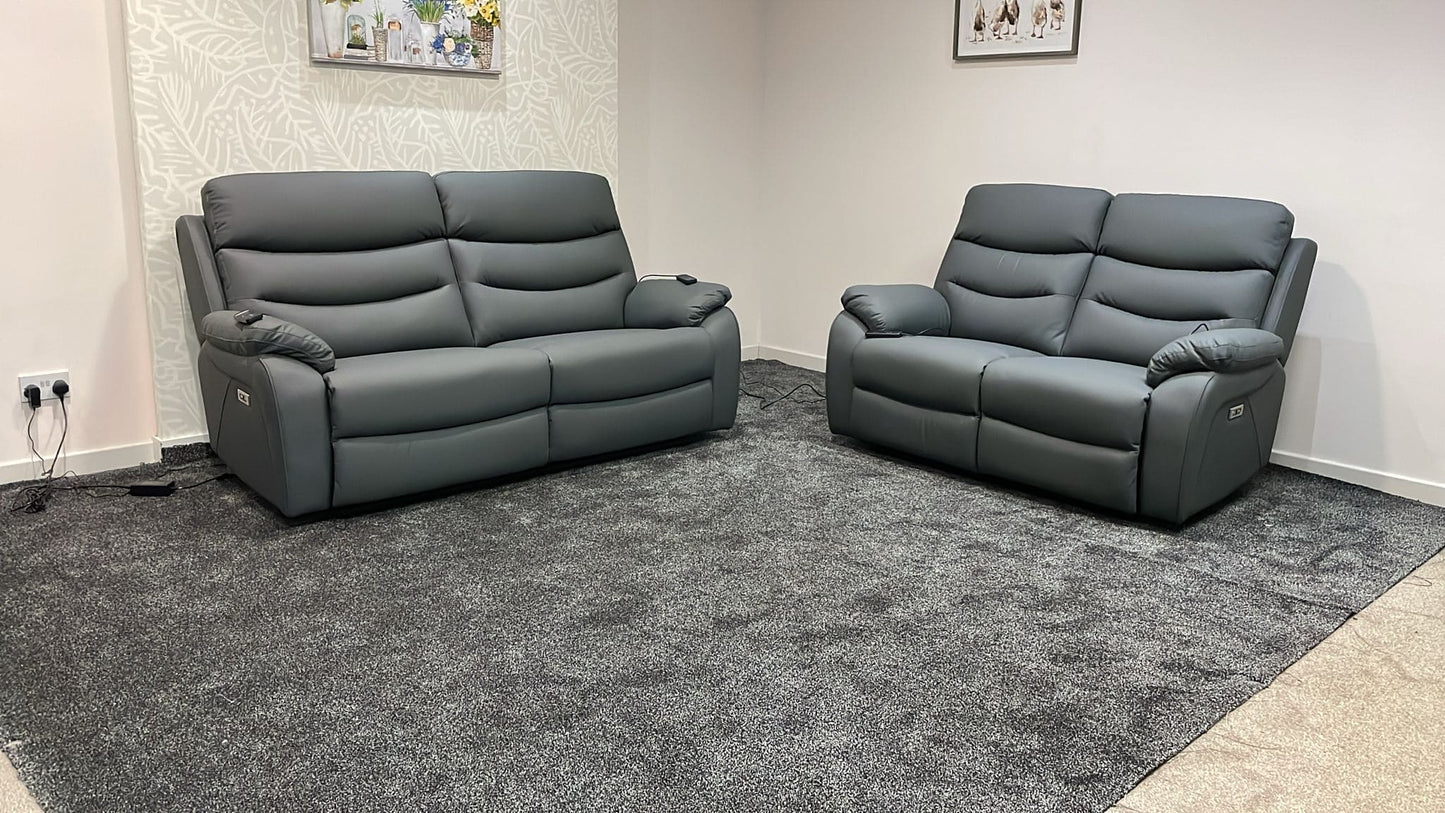 "Bertie" Grey Leather Electric Reclining Massage 3 Seater + 2 Seater Sofa Set With Power Headrests & USB Charging Ports For Ultimate Comfort