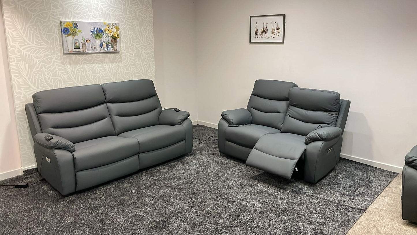 "Bertie" Grey Leather Electric Reclining Massage 3 Seater + 2 Seater Sofa Set With Power Headrests & USB Charging Ports For Ultimate Comfort