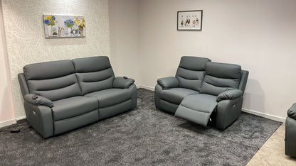 "Bertie" Grey Leather Electric Reclining Massage 3 Seater + 2 Seater Sofa Set With Power Headrests & USB Charging Ports For Ultimate Comfort