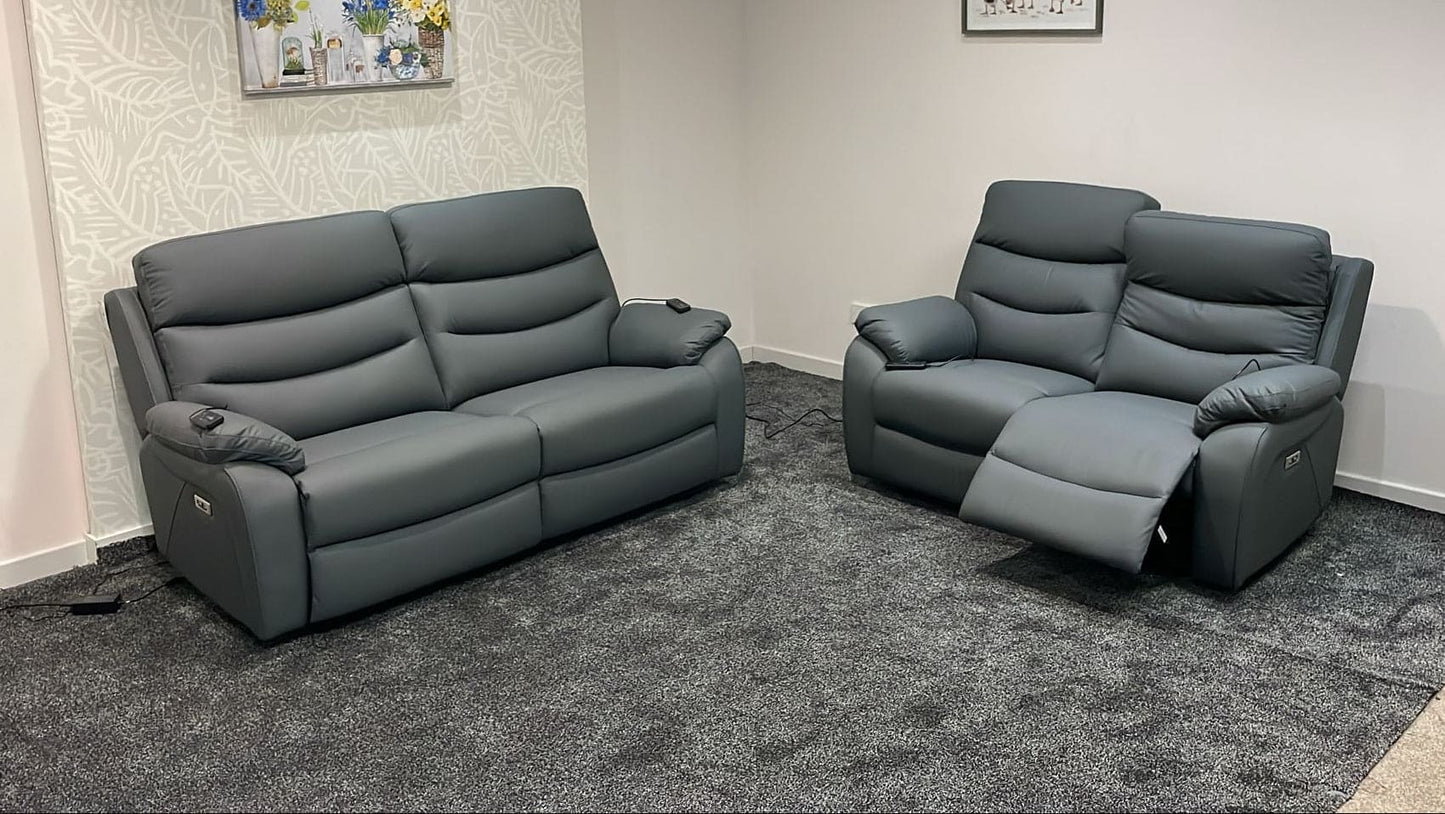 "Bertie" Grey Leather Electric Reclining Massage 3 Seater + 2 Seater Sofa Set With Power Headrests & USB Charging Ports For Ultimate Comfort