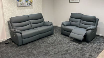 "Bertie" Grey Leather Electric Reclining Massage 3 Seater + 2 Seater Sofa Set With Power Headrests & USB Charging Ports For Ultimate Comfort