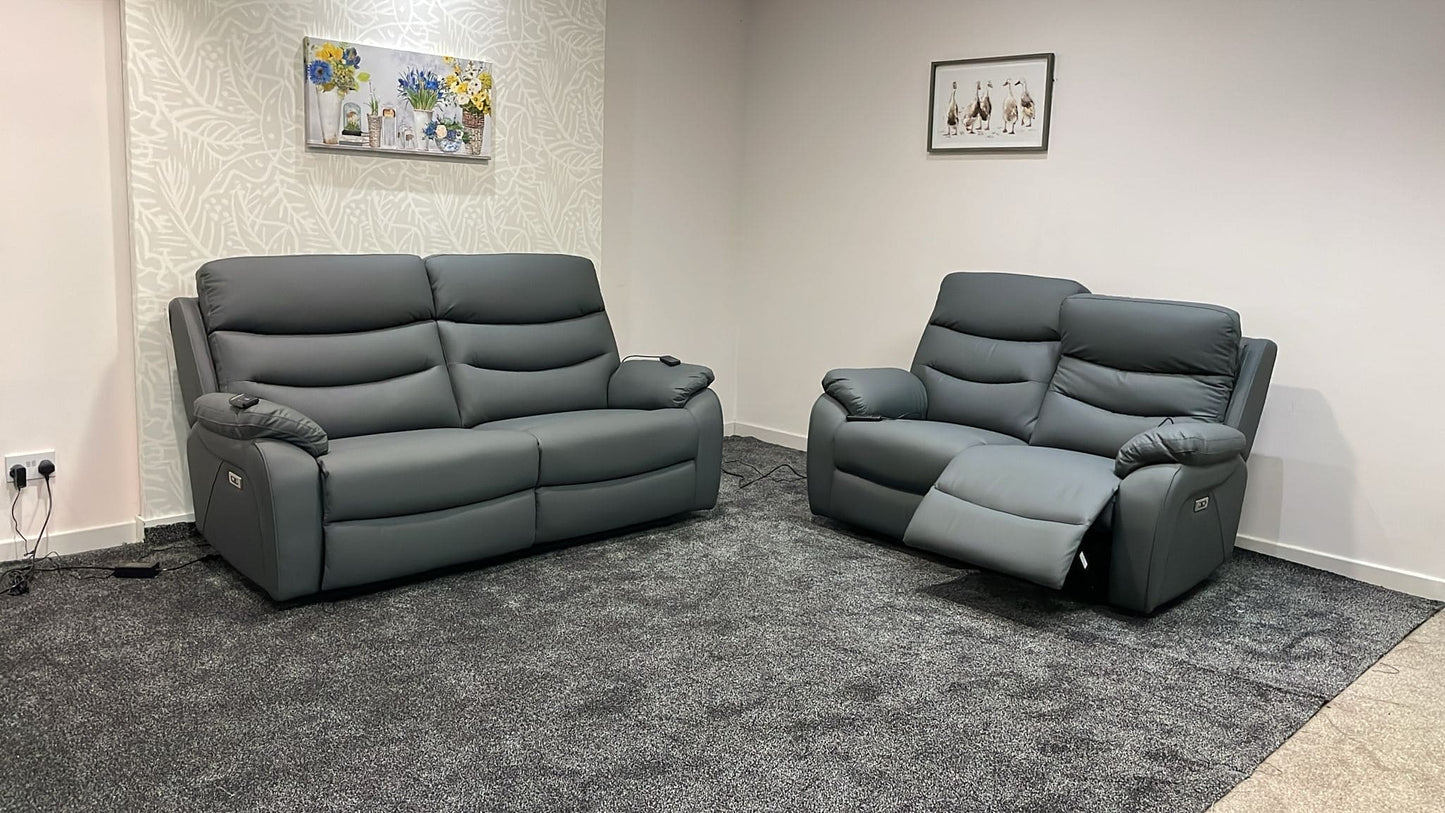 "Bertie" Grey Leather Electric Reclining Massage 3 Seater + 2 Seater Sofa Set With Power Headrests & USB Charging Ports For Ultimate Comfort