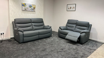 "Bertie" Grey Leather Electric Reclining Massage 3 Seater + 2 Seater Sofa Set With Power Headrests & USB Charging Ports For Ultimate Comfort