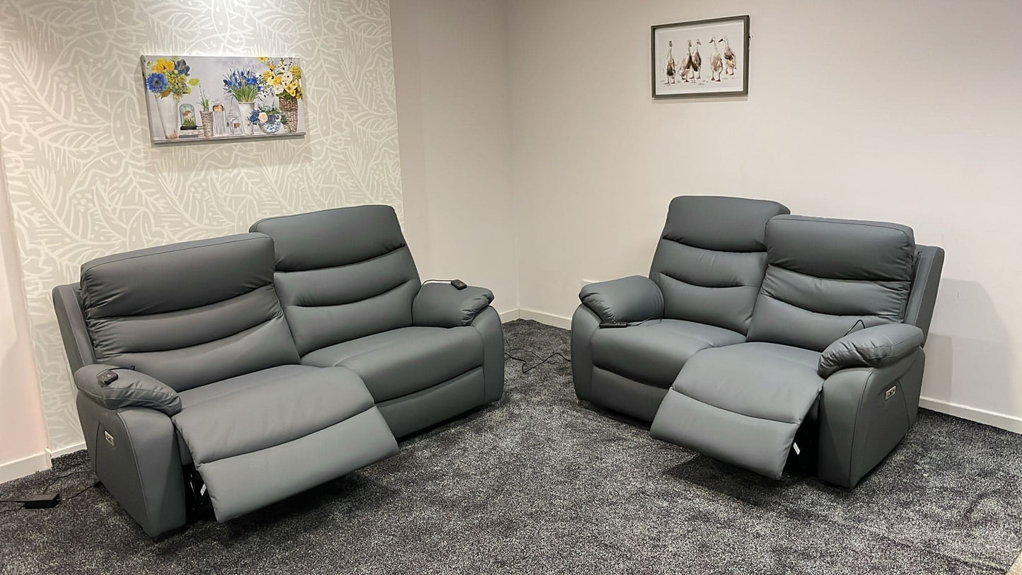 "Bertie" Grey Leather Electric Reclining Massage 3 Seater + 2 Seater Sofa Set With Power Headrests & USB Charging Ports For Ultimate Comfort