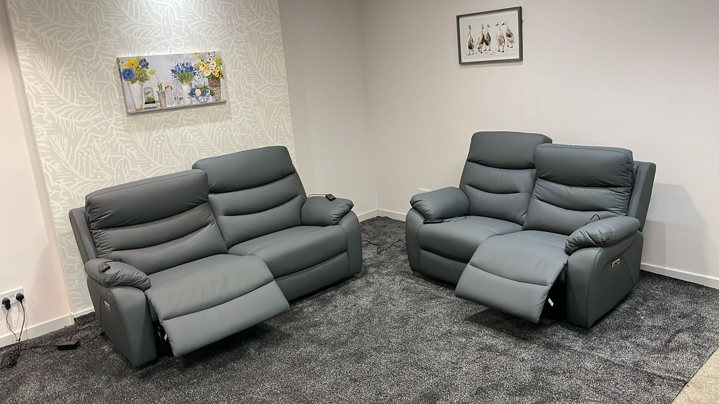 "Bertie" Grey Leather Electric Reclining Massage 3 Seater + 2 Seater Sofa Set With Power Headrests & USB Charging Ports For Ultimate Comfort