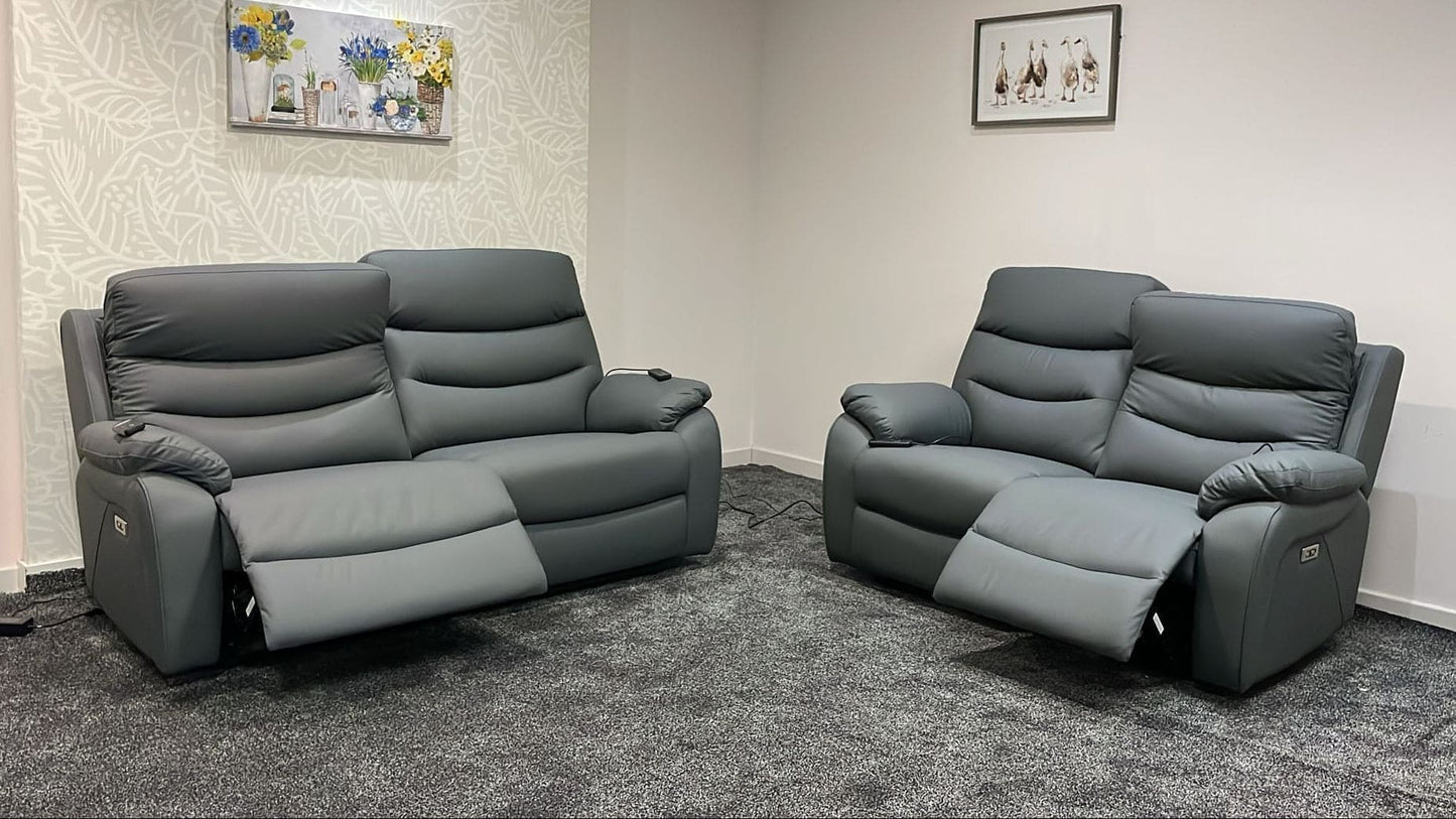"Bertie" Grey Leather Electric Reclining Massage 3 Seater + 2 Seater Sofa Set With Power Headrests & USB Charging Ports For Ultimate Comfort