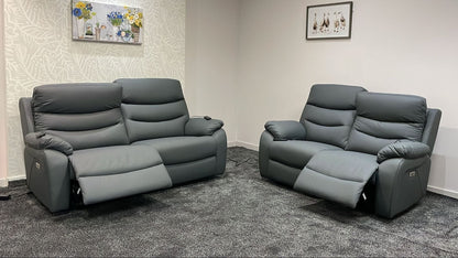 "Bertie" Grey Leather Electric Reclining Massage 3 Seater + 2 Seater Sofa Set With Power Headrests & USB Charging Ports For Ultimate Comfort