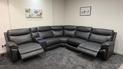 (Back In Stock 15th August) "Xavier" Charcoal Grey Leather Power Recliner Corner Sofa With USB Charging Ports, Drinks Cooling Cup Holders Plus Many More Modern Features