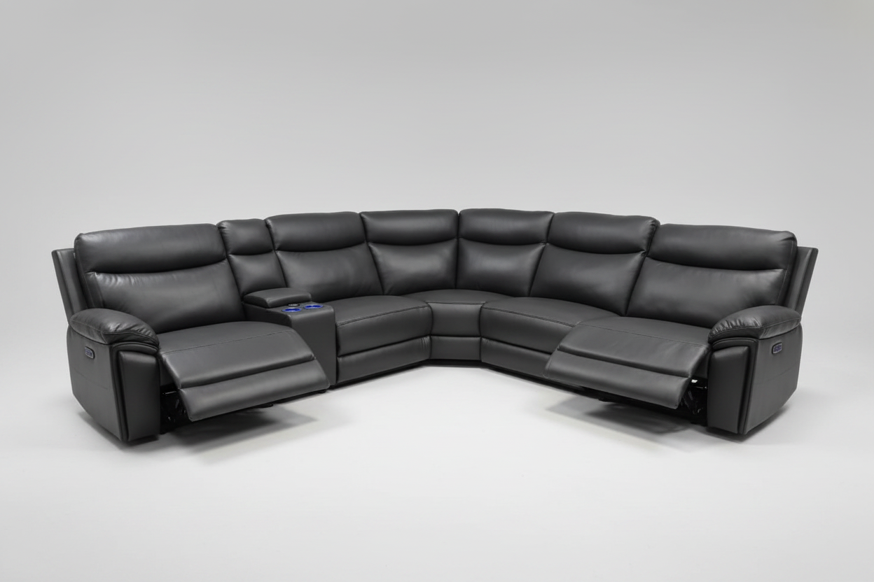 (Back In Stock 15th August) "Xavier" Charcoal Grey Leather Power Recliner Corner Sofa With USB Charging Ports, Drinks Cooling Cup Holders Plus Many More Modern Features