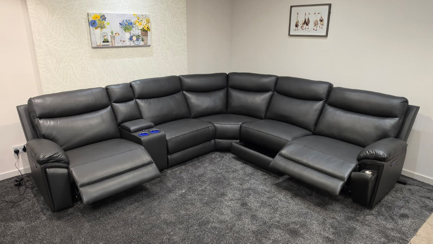 (Back In Stock 15th August) "Xavier" Charcoal Grey Leather Power Recliner Corner Sofa With USB Charging Ports, Drinks Cooling Cup Holders Plus Many More Modern Features