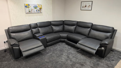 (Back In Stock 15th August) "Xavier" Charcoal Grey Leather Power Recliner Corner Sofa With USB Charging Ports, Drinks Cooling Cup Holders Plus Many More Modern Features