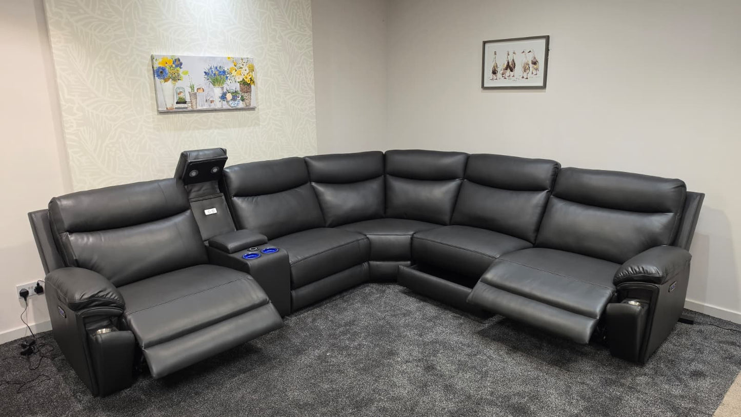(Back In Stock 15th August) "Xavier" Charcoal Grey Leather Power Recliner Corner Sofa With USB Charging Ports, Drinks Cooling Cup Holders Plus Many More Modern Features