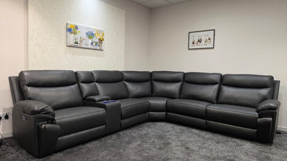 (Back In Stock 15th August) "Xavier" Charcoal Grey Leather Power Recliner Corner Sofa With USB Charging Ports, Drinks Cooling Cup Holders Plus Many More Modern Features