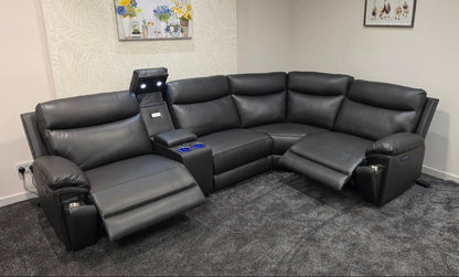 (Back In Stock 15th August) "Xavier" Charcoal Grey Leather Power Recliner Corner Sofa With USB Charging Ports, Drinks Cooling Cup Holders Plus Many More Modern Features