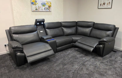 (Back In Stock 15th August) "Xavier" Charcoal Grey Leather Power Recliner Corner Sofa With USB Charging Ports, Drinks Cooling Cup Holders Plus Many More Modern Features