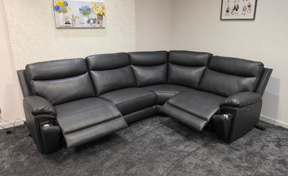 (Back In Stock 15th August) "Xavier" Charcoal Grey Leather Power Recliner Corner Sofa With USB Charging Ports, Drinks Cooling Cup Holders Plus Many More Modern Features