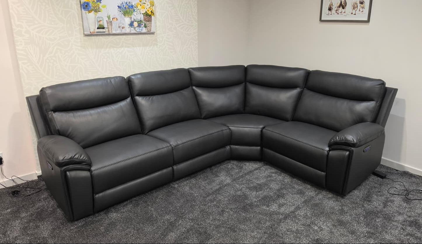(Back In Stock 15th August) "Xavier" Charcoal Grey Leather Power Recliner Corner Sofa With USB Charging Ports, Drinks Cooling Cup Holders Plus Many More Modern Features