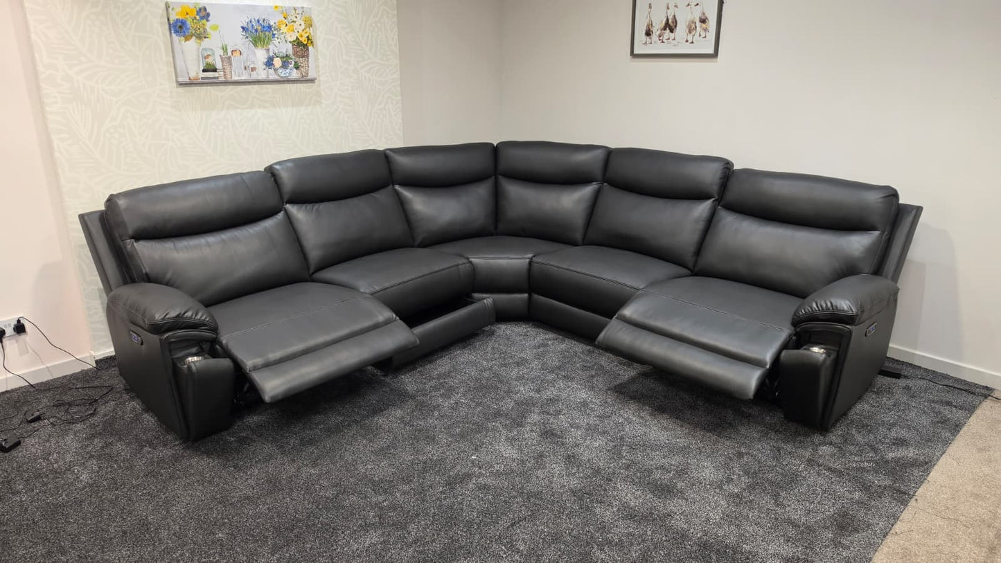 (Back In Stock 15th August) "Xavier" Charcoal Grey Leather Power Recliner Corner Sofa With USB Charging Ports, Drinks Cooling Cup Holders Plus Many More Modern Features