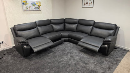 (Back In Stock 15th August) "Xavier" Charcoal Grey Leather Power Recliner Corner Sofa With USB Charging Ports, Drinks Cooling Cup Holders Plus Many More Modern Features